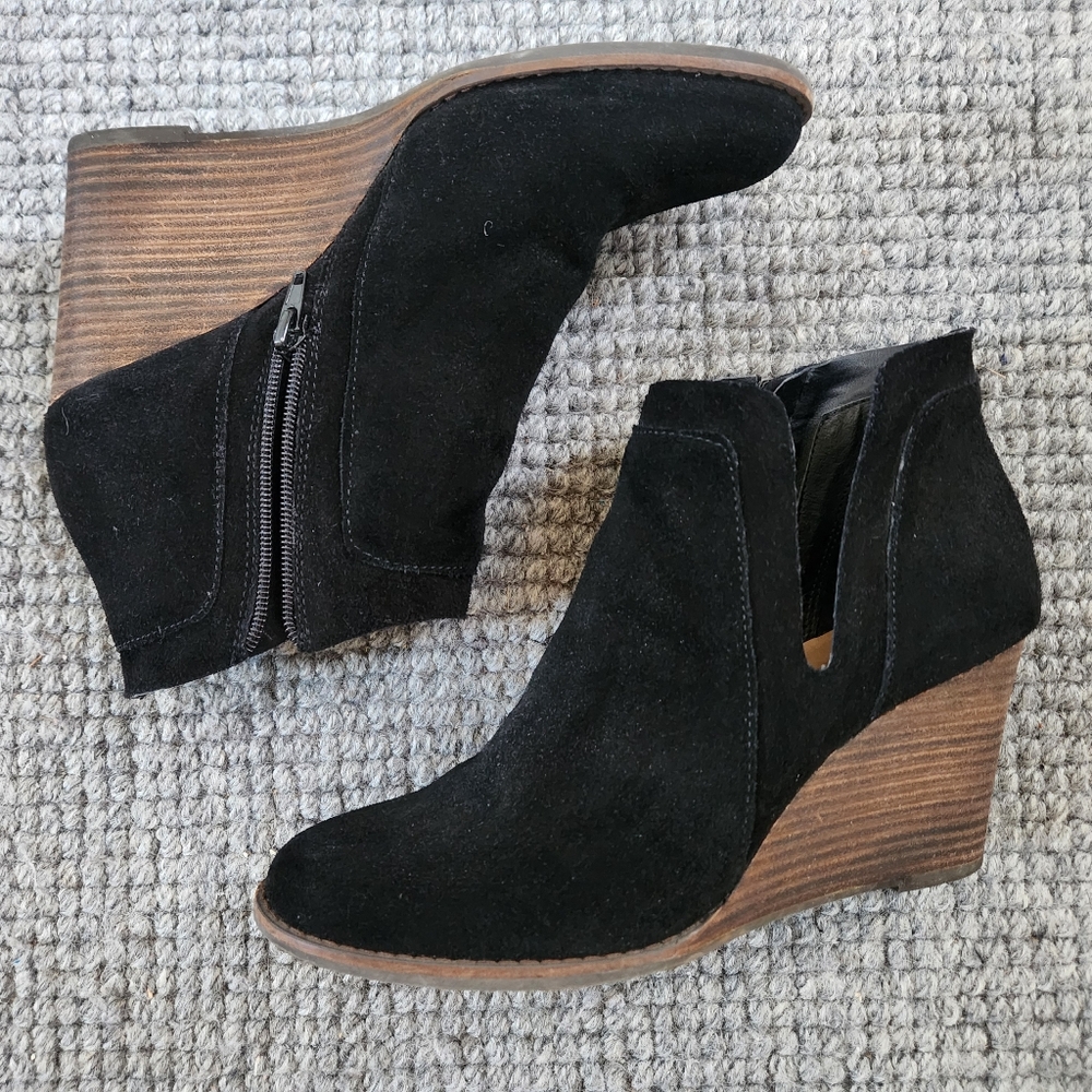 Lucky Brand Black Suede Wedge Ankle Boots, Size 9